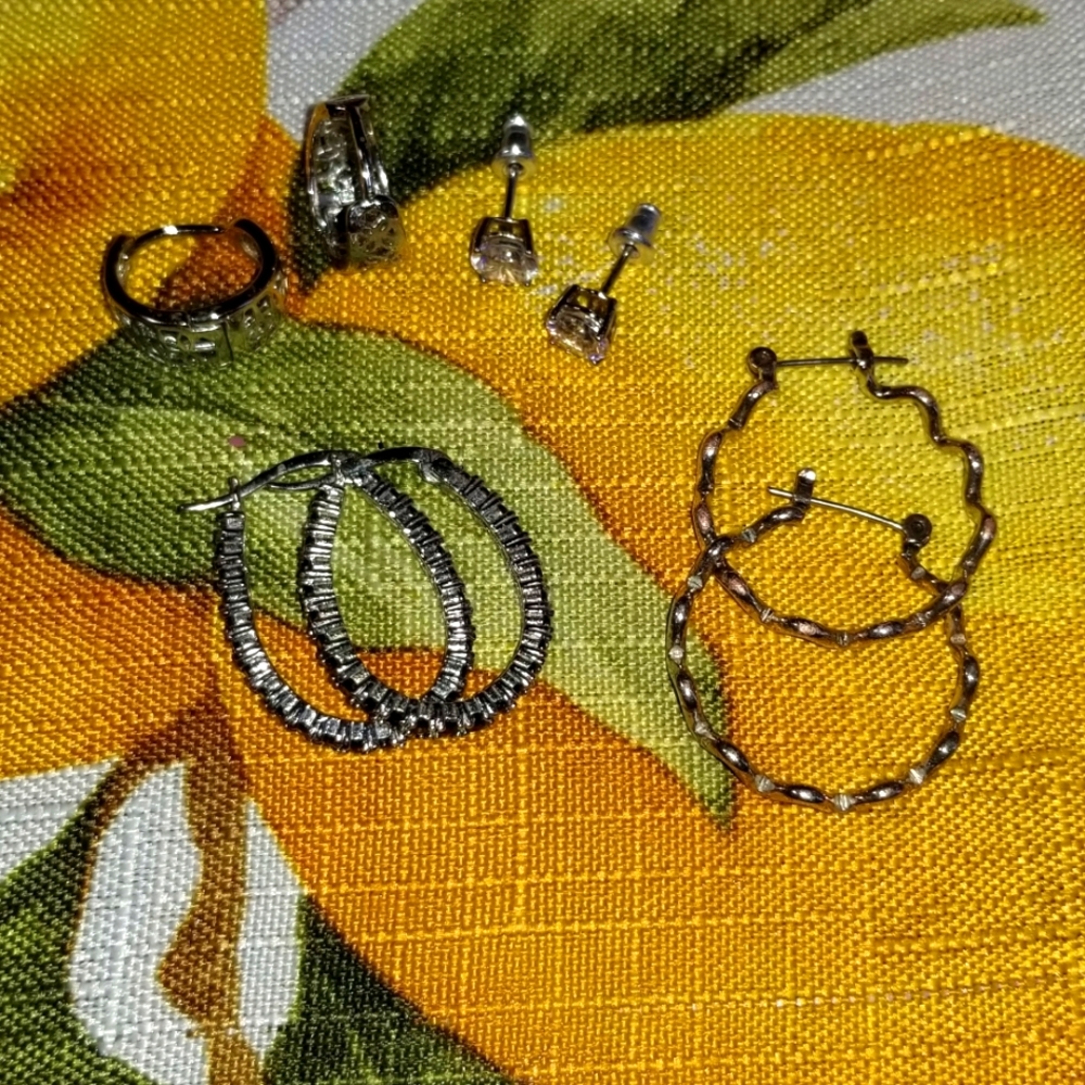 4 pairs sterling silver earrings,  2 studs, 2 hoops